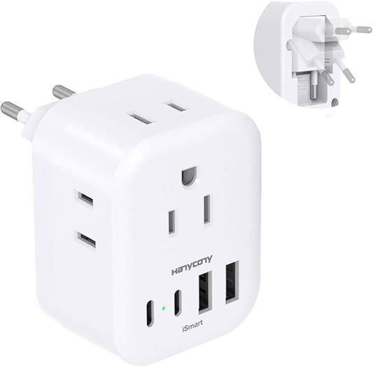 European Travel Plug Adapter, HANYCONY Foldable International Power Adapter, Type C Adapter with 4 Outlets 4 USB Ports (2 ...