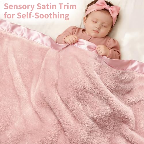 Pro Goleem Fleece Baby Blankets for Girls with 2 Inch Satin Trim, Super Soft Plush Receiving Blanket for Infant Toddler Ne...