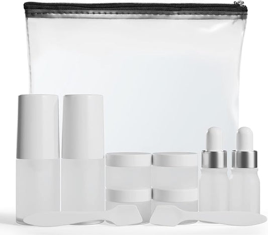 11 Piece Travel Skincare Containers Set - TSA Approved Toiletry Bag & Travel Size Toiletries Bottles - Airless Pump, Dropp...