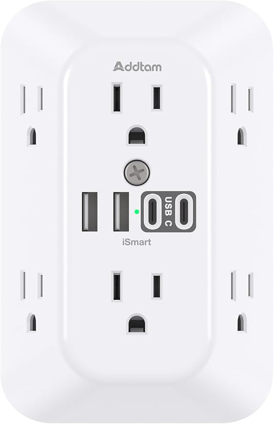 Addtam Surge Protector Outlet Extender, 6-Outlet Splitter with 4 USB Wall Charger(2 USB-C Ports), Multi Plug Wall Outlet 1...