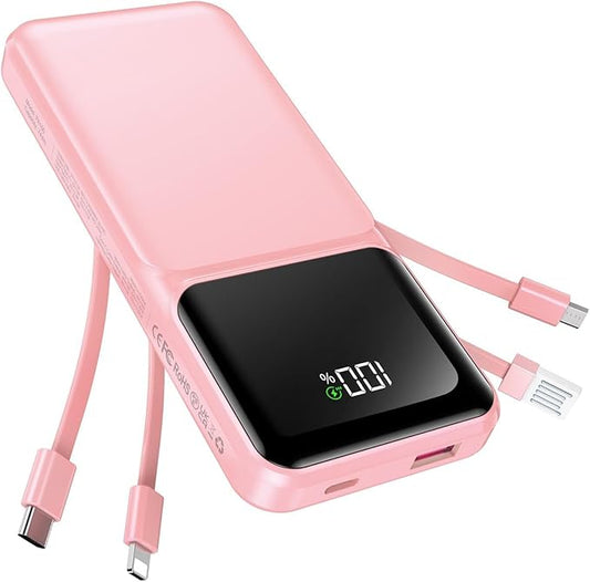 Portable Charger with Built in Cable - 20000mAh Fast Charging Slim 22.5W Power Bank USB C LED Display Battery Pack 5 Outpu...