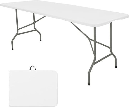 Folding Table 5 FT Camping Table Portable Heavy Duty Plastic Rectangular Outdoor Dining Table Steel Legs Fold-in-Half with...