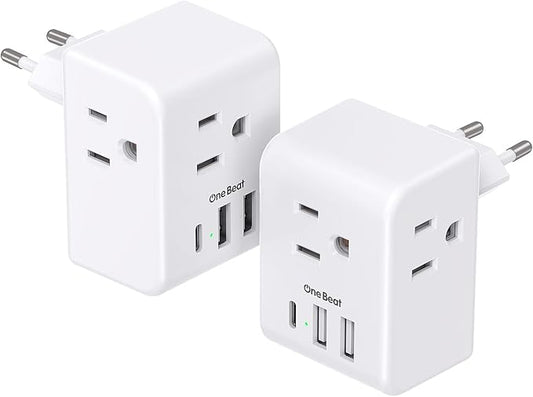 2 Pack European Travel Plug Adapter, International Power Plug Adapter with 3 Outlets 3 USB Charging Ports(1 USB C), Type C...