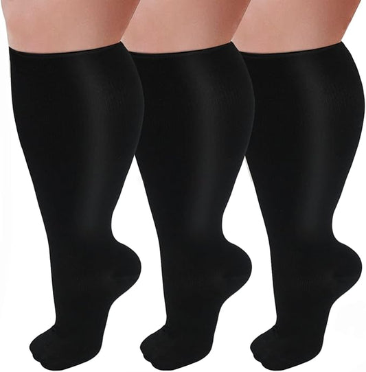 3 Pairs Plus Size Compression Socks for Women and Men Wide Calf 20-30mmhg Extra Large Knee High Support for Circulation
