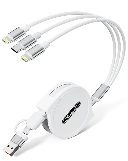 Multi Charging Cable, 4Ft Retractable USB C/A Cable, 4A Fast Charger Cord for Multiple Devices with Type C/Lightning Ports...
