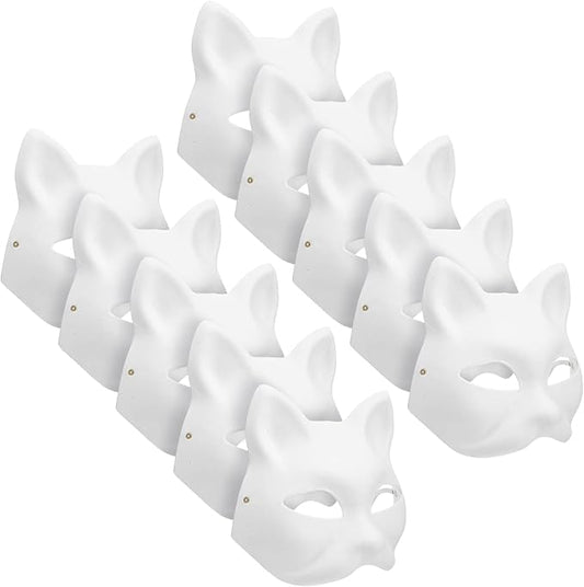 MAELSTROM 10PCS Cat Masks Therian Mask White Blank Animal Mask Base Halloween Costume Masquerade for Holiday Party