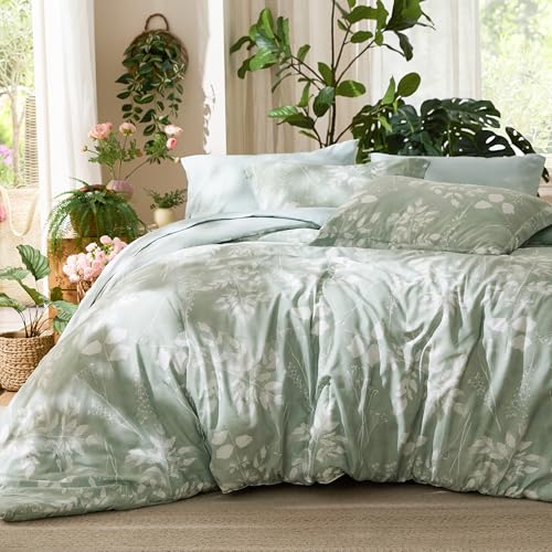 Bedsure Queen Comforter Set - 7 Pieces Floral Sage Green GentleSoft™ Bedding Sets, Queen Bed in a Bag with Botanical Flowe...
