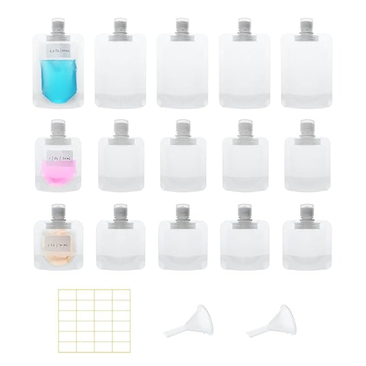 Mulaibdin 15 Pcs Travel Pouches for Toiletries, 30ml/50ml/100ml Leak Proof Squeeze Pouches, Refillable Stand Up Pouches wi...