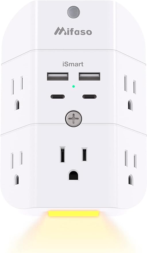 Surge Protector Outlet Extender - with Night Light, 5-Outlet Splitter and 4 USB Ports (2 USB C Charger), Multi Plug Outlet...