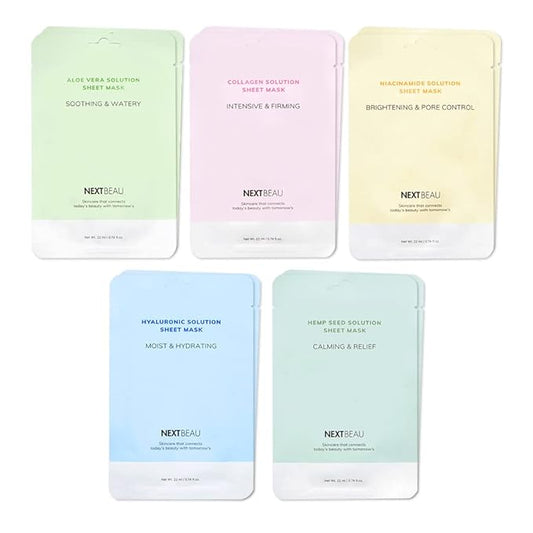NEXTBEAU Solution Sheet Mask Variety Pack, 10 Count (5 Types x 2 Sheets), 0.74 fl oz Each, Korean Facial Sheet Masks for D...