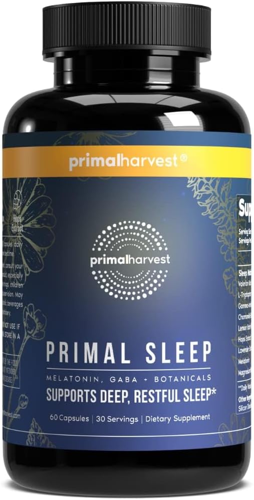 Primal Harvest Primal Sleep Support Supplement for Adults with Melatonin, GABA, Valerian Root, L-Tryptophan, Magnesium Bis...