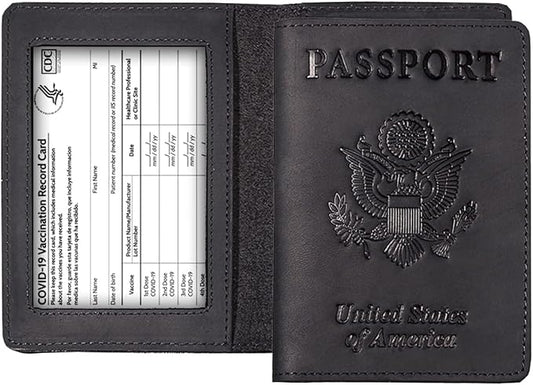 AGBIADD Genuine Leather Passport and Vaccine Card Holder Combo, RFID Blocking, Black, Unisex