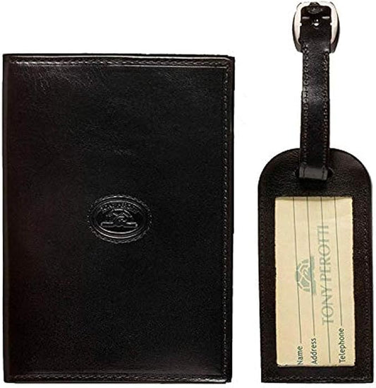 Tony Perotti Unisex Italian Bull Leather Passport Case Holder and Luggage Tag Combo Gift Set in Black