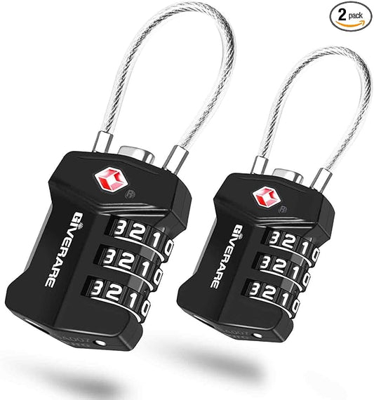 2 Pack TSA Approved Travel Luggage Locks, Cable Combination Lock Alloy, Metal Keyless 3-Digit Padlocks, Weatherproof TSA A...