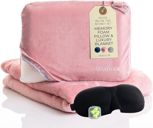 Travellow Travel Pillow and Blanket Set - 4-in-1 Ultimate Travel Kit with Memory Foam Pillow, Travel Blanket, Sleep Mask, ...