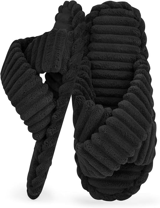 ZOORON Women's Cozy Slippers Crossbands & Memory Foam - Soft Plush Lined Non-Slip Indoor Outdoor Open Toe Shoes Trendy Gift