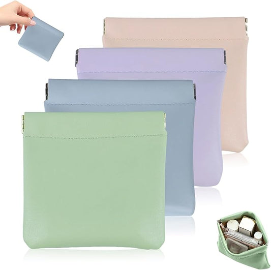 4Pcs Personalized Snap Closure Leather Organizer Pouch, Lambskin Pocket Cosmetic Bag, Portable Self-Closing Small Makeup B...