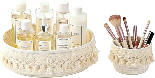 Woven Rope Makeup Organizer Basket & Boho Decor Makeup Brush Holder Combo,Large Capacity Makeup Storage Organizer for Perf...