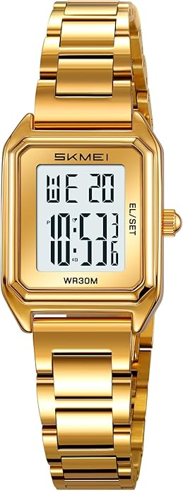 MASTOP Gold Digital Watch for Women Square Stainless Steel Waterproof LED Watch with Date, Alarm, Stopwatch, Countdown
