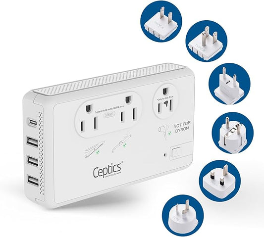 Ceptics 2000W Travel Voltage Converter for Hair Dryer & 200W Convert 220V to 110V for Curling Iron, Straightener, Charger...