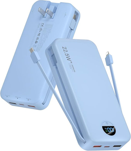 citicr Portable Charger Power Bank, 20000mAh 22.5W USB C Fast Charging with Built-in Cables & Wall Plug, External Battery ...