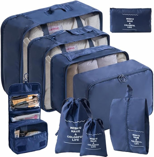 9 Set Packing Cubes for Travel Essentials, Suitcase Organizer Bags for Airplane Road Trip Camp - Navy Blue