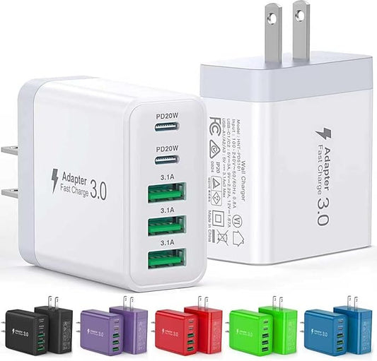 [2-Pack] USB C Wall Charger, 60W Fast USB C Charger Block, 5-Port PD Power Adapter + QC Wall Plug Multiport Type C Chargin...