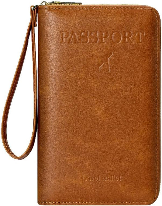 DOB SECHS Leather Passport Cover Case with Wristlet, RFID Blocking Passport Holder Credit Cards Case for Men Women, Travel...