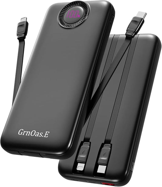 GrnOas.E Power Bank,10000mAh 22.5W Max Portable Charger Built in Cables，4 Outputs 2 Inputs External Phone Powerbank,5V/3A ...