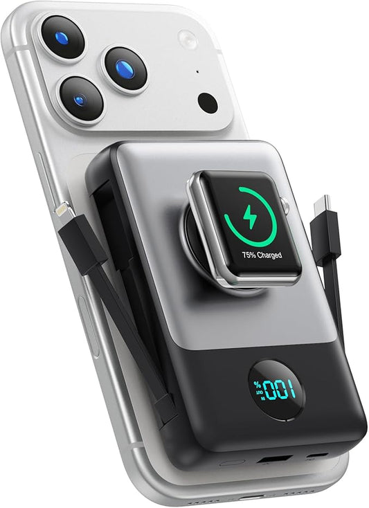 6 in 1 Magnetic Portable Charger for iPhone with Built-in Cables, 10800mAh 25W PD Fast Charging Power Bank, 6 Outputs LCD ...