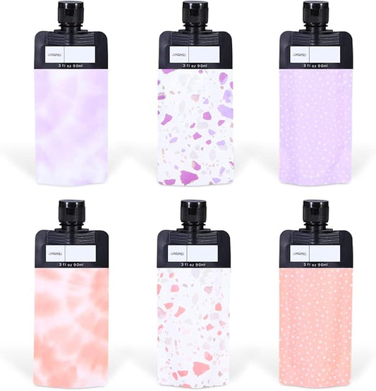 ASEVAT 3 oz 6pack Leak Proof Empty Squeeze Pouches Refillable Travel Size Containers Liquid Pouch Cosmetic Container TSA A...