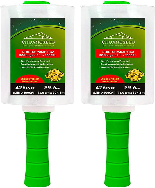 2-Pack Industrial Mini Clear Stretch Wrap Film 80 Gauge 5.1" 1000ft for Pallet Wrap with Plastic Handle,Durable Self-Adher...