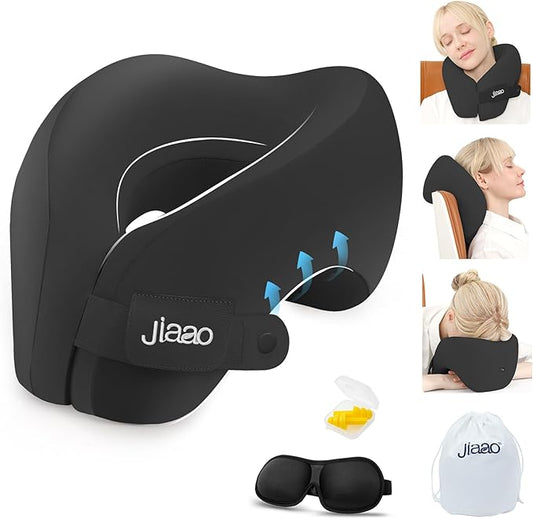 jiaao Neck Pillow Airplane, Memory Foam Travel Neck Pillows for Long Flight, 3D Eye Masks, Ear Plugs and Portable Drawstri...