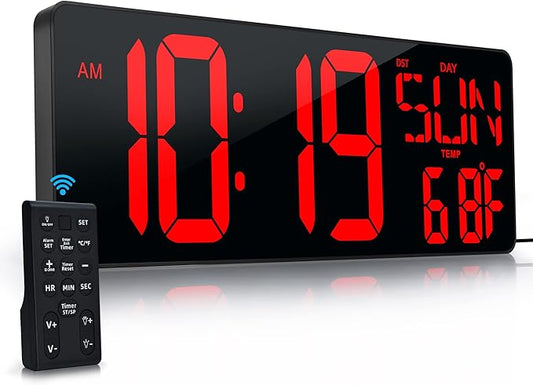 Large Digital Wall Clock with Remote Control 17.2" LED Large Display Timer with Temperature Date Week Auto DST Adjustable ...