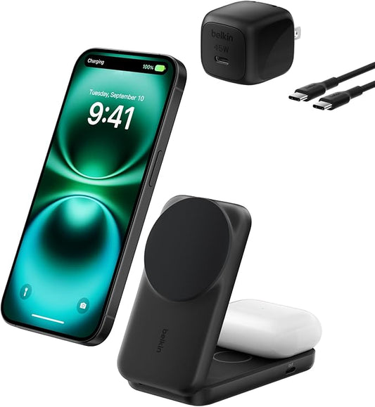 Belkin MagSafe Charger Compatible, 2-in-1 Charging Station, Qi2.2 25W Magnetic Wireless Charger Dock, Foldable Stand, with...