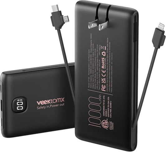 Portable Charger Power Bank Built in Cables and Wall Plug, 10000mAh iPhone Battery Pack Fast Charging, USB C External Slim...