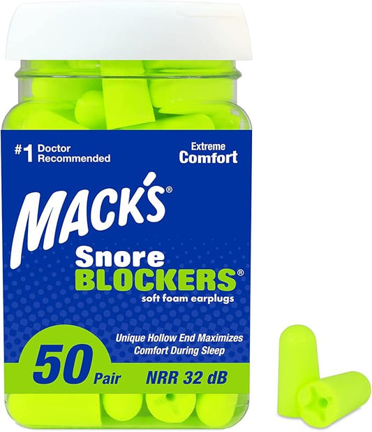 Mack’s Snore Blockers Soft Foam Earplugs, 50 Pair – 32 dB High NRR, 37 dB SNR – Comfortable Ear Plugs for Sleeping, Snorin...