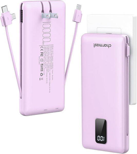 charmast Portable Charger with Built-in Cables & Wall Plug, 10000mAh Portable Power Bank, External Battery Pack Travel Ess...