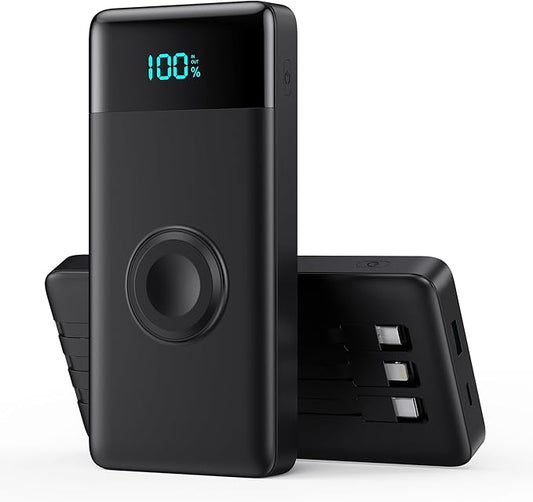 Portable Charger with Built-in Cables and iWatch Charger,10800mAh QC4.0+PD 25W Fast Charging USB C Power Bank,6 Outputs LC...