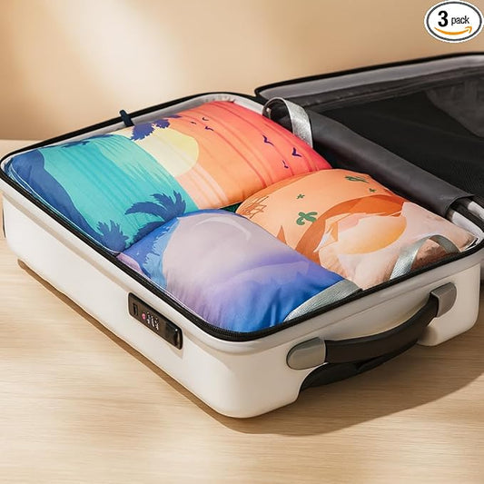 Packing Cubes Set of 3 Compression Travel Organizers, Nylon Landscape Print Storage Bags For Suitcases Weekend Trips, Land...
