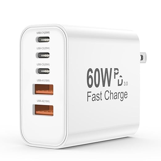 USB C Charger Block, 60W 5 in 1 Charging Blocks, PD 3.0 Fast Charger iPhone, QC 2A Wall Plug Multiport Type C Charging Blo...