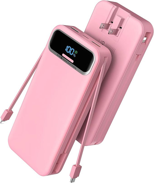 Portable Charger, 20000mAh 22.5W Fast Charging Power Bank with Built-in Cables & Wall Plug, Travel Essential External Batt...