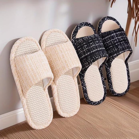 1 Pair Linen Open Toe Slippers Unisex Breathable Woven Lightweight Quiet Floor Slippers for Home Guest Travel
