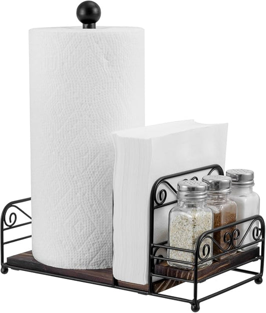 MyGift Matte Black Metal Wire Scrollwork Paper Towel Roll Holder Combo Caddy with Rustic Burnt Solid Wood Base, Napkin Hol...