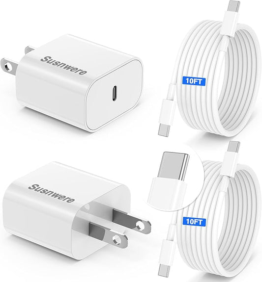 2-Pack 20w USB C Charger for iPhone 17 Air/16/15/Pro Max with Long 10ft USB C to C Cable,iPhone Charger Fast Wall Charger ...