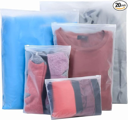 20 Pcs Travel Storage Bags, Clothes Packaging, Reusable Plastic Ziplock, Frosted Waterproof Resealable Clothing Zipper Pou...