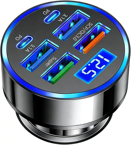 Alanph 6-in-1 Multi-Port Car Charger with Voltage Detection, 2PD+3USB+QC3.0 Fast Charge Cigarette Lighter Plug Adapter Com...