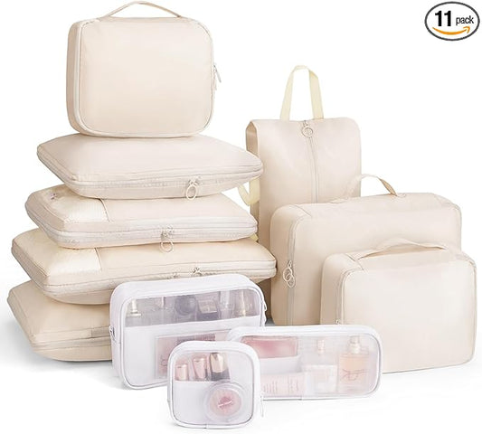 Compression Packing Cubes 11 Set, Suitcase Organizers, Luggage Organizer Bags for Storage, Extendable Packing Cubes for Tr...