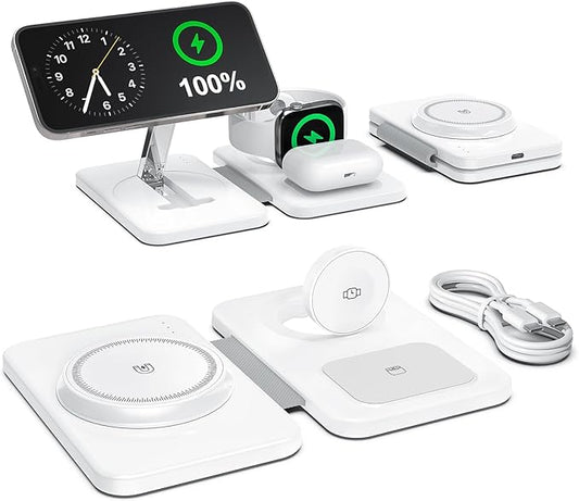 3 in 1 Magnetic Wireless Charger for Apple Multiple Devices, Foldable Fast Charging Station - Magsafe Charger Stand, Trave...