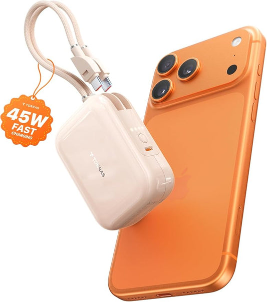TORRAS EasyGo Portable Charger 10000mAh, 45W Ultra-Fast USB-C Power Bank with Dual Built-in Cables, Integrated Lanyard Des...